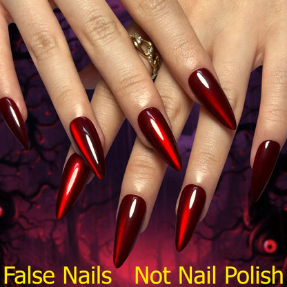 Sparkling Red Cat Eye Fake Nails – Solid Color Press-On Halloween Nails with Glue