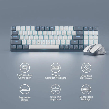 Redragon BS8772 Wireless Keyboard and Mouse Combo, 78 Keys 2.4Ghz Wireless Low-Profile Mechanical Keyboard w/ 2400 DPI Mouse