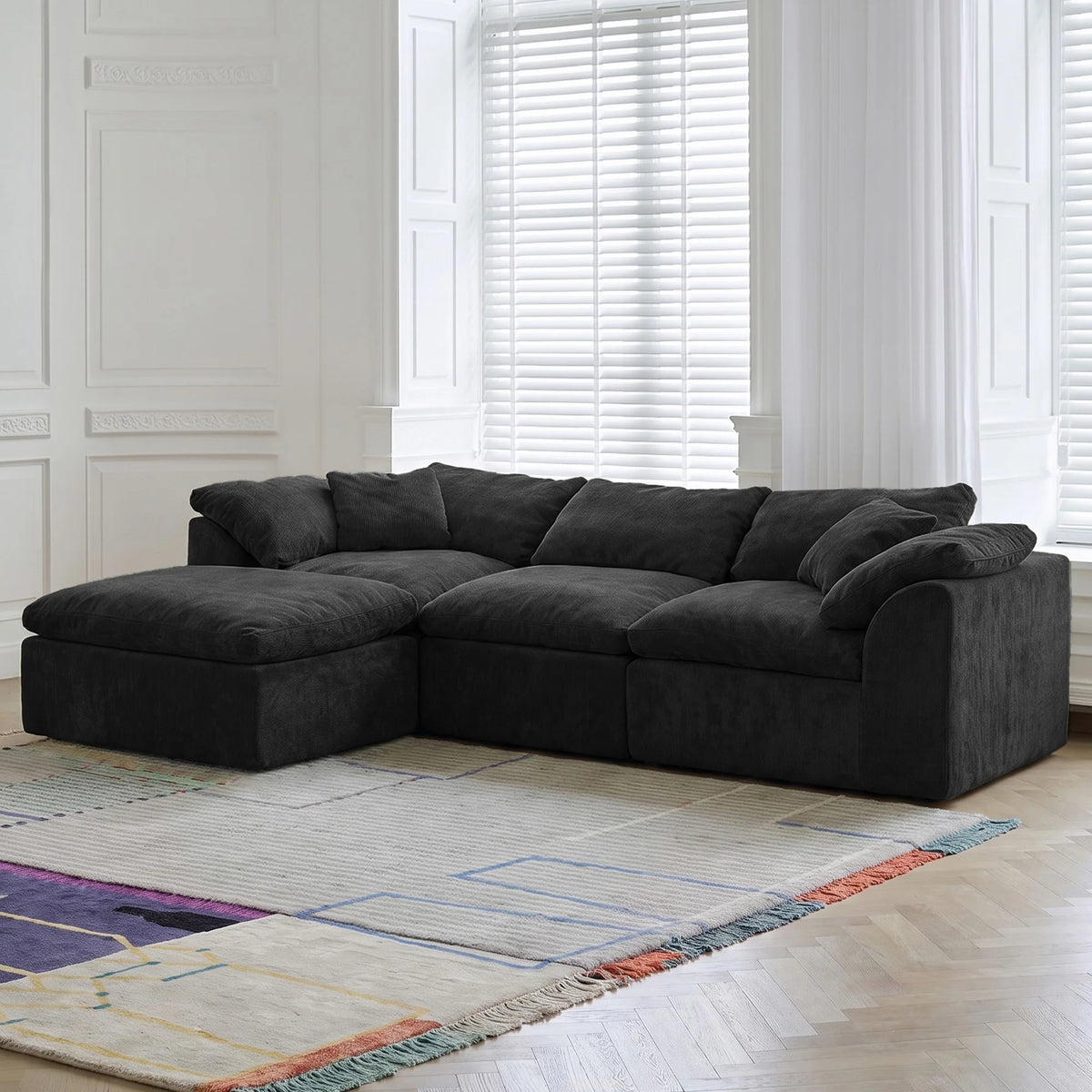 109" Modern Cloud L-Shaped 3-Seater Oversized Deep Seat Chenille Fabric Sofa White Modular Sectional with Ottoman