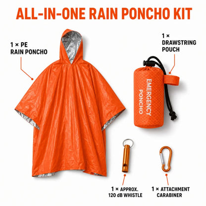Emergency Rain Poncho Kit Waterproof Hooded Raincoat Portable Rain Cover With Pouch Whistle Carabiner For Camping Hiking
