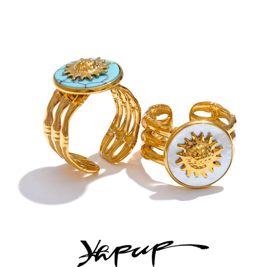 Yhpup Popular Blue Turquoise Shell Sun Wide Open Adjustable Ring for Women Stainless Steel Versatile Fashion Chic Jewelry Gift