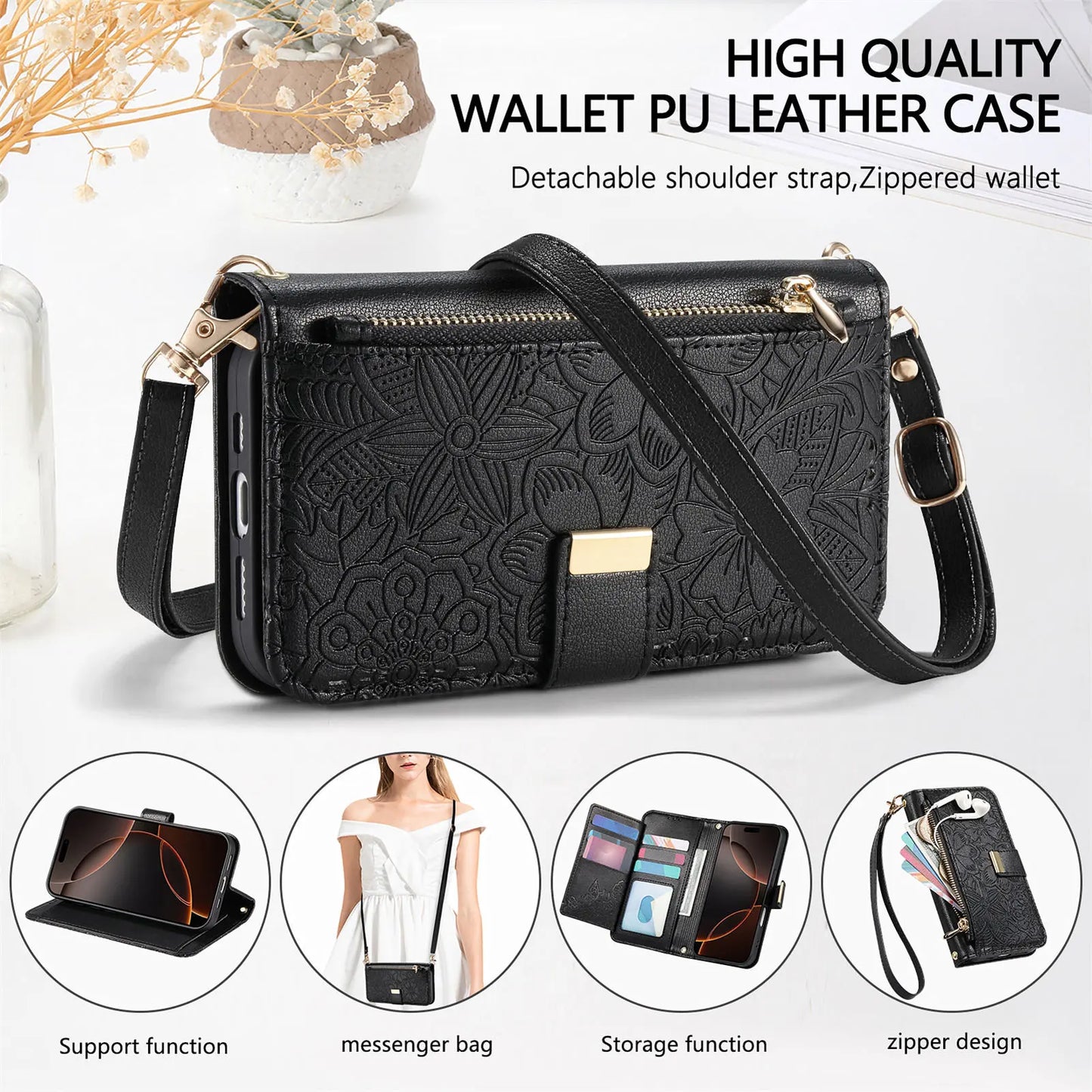 PU Leather Zipper Crossbody Flip Wallet Card Slot Phone Case For Samsung Galaxy S26 Plus S26 Pro S26 Ultra A57 Wrist Strap Cover
