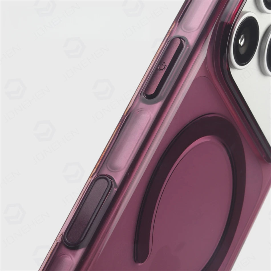 Plum Color Crystal Transparent Magnetic Case For iPhone 16 17 18 Pro Max Shockproof Smooth Clear Camera Button Cover For Magsafe