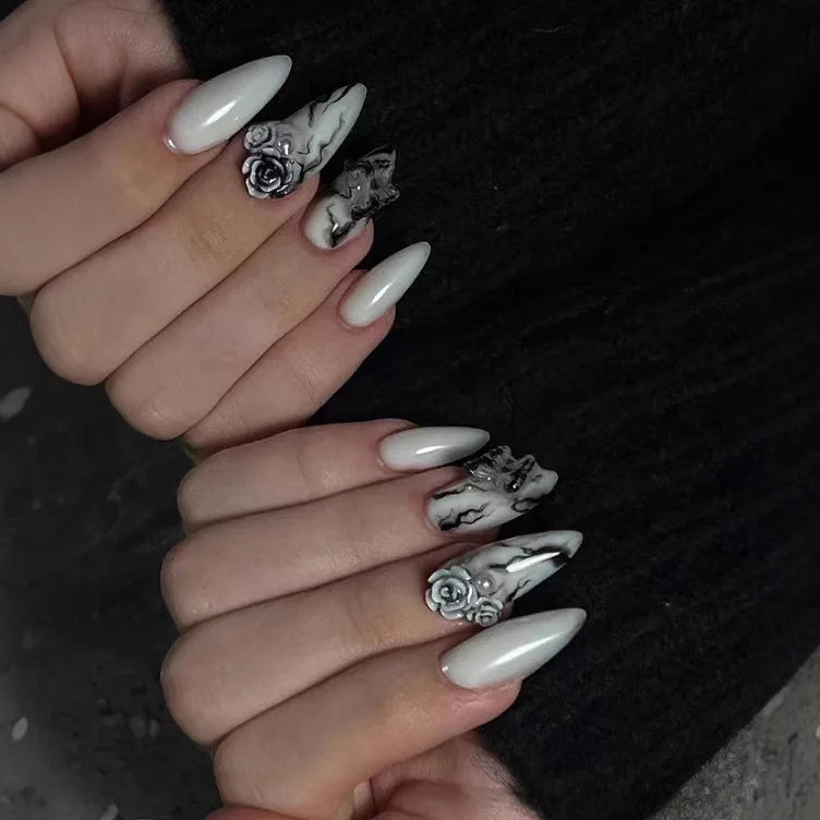 24Pcs Black Y2K Fake Nails with Diamond – Long Almond Butterfly Design Halloween Press-on Nails