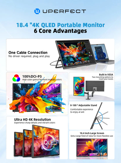 UPERFECT 18.4 inch 4K QLED Portable Monitor Gaming Computer Display Ultra-Slim Extend Screen For PS5/4 Switch Laptop PC Mac Xbox