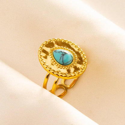 Turquoise Finger Jewelry Long Oval Sun Heart Water Drop Stainless Steel Rings For Women Men Accessories Gold Plated Open Anillos