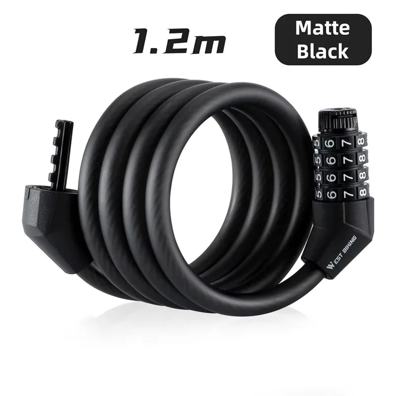 WEST BIKING Bicycle Lock 4 Digit Code 120cm Portable Anti-theft Steel Cable Lock Electric Scooter Security Cycling Accessories