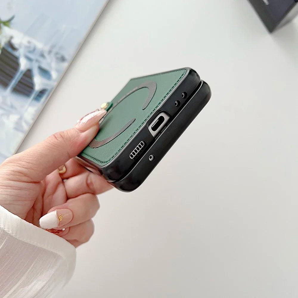 PU Leather Phone Cover for Samsung Galaxy Z Flip 7 FE 6 5 4 3 Case with Ring Holder for Magsafe Magnetic Wireless Charge Flip6