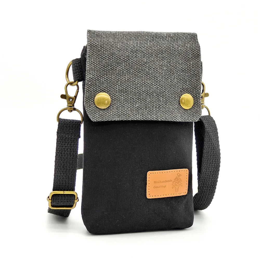 Solid Color Canvas 3 Layer Crossbody Cell Phone Bag Simple Cloth Women's Bag Fashion Satchel Shoulder Coin Purse