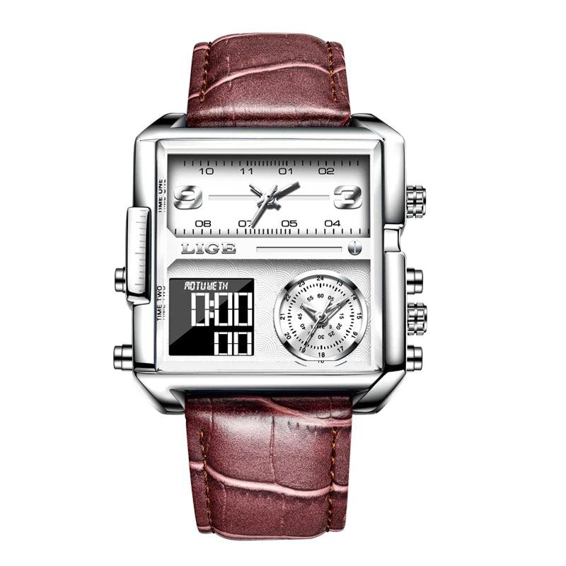 LIGE New Top Brand Luxury Fashion Men Watches Gold Steel Sports Square Digital Analog Big Quartz Watch for Man relogio masculino