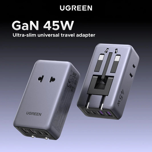 UGREEN Plug Adaptor GaN 45W Universal Travel Charger Adapter with 2 USB Ports 2 Type-C 2 AC Outlet for US EU UK AU Plugs