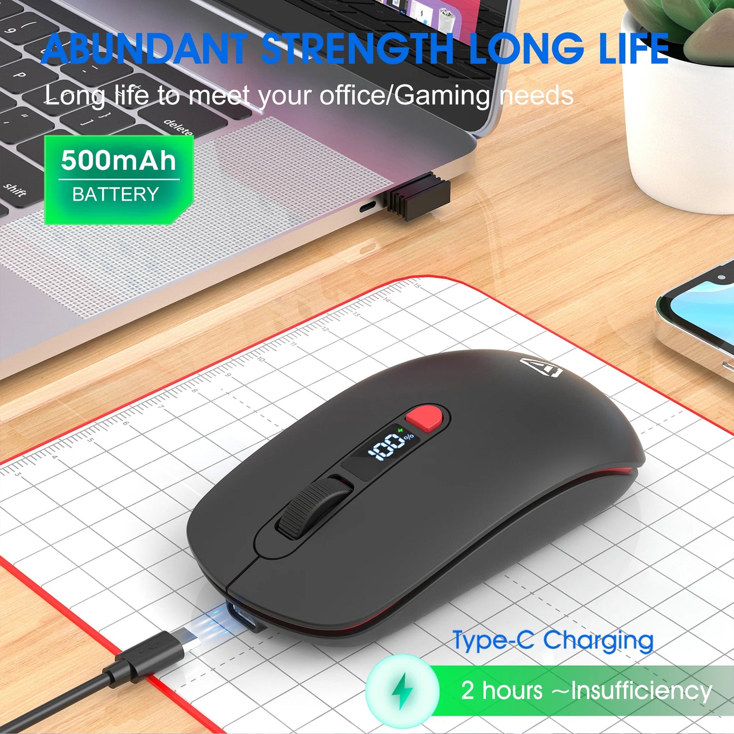2.4G Bluetooth Wireless Mouse Mute Button Rechargeable 500mA Battery Laptop Office Computer Digital Display Battery Level 4 DPI
