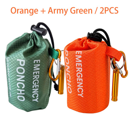 Emergency Rain Poncho Kit Waterproof Hooded Raincoat Portable Rain Cover With Pouch Whistle Carabiner For Camping Hiking