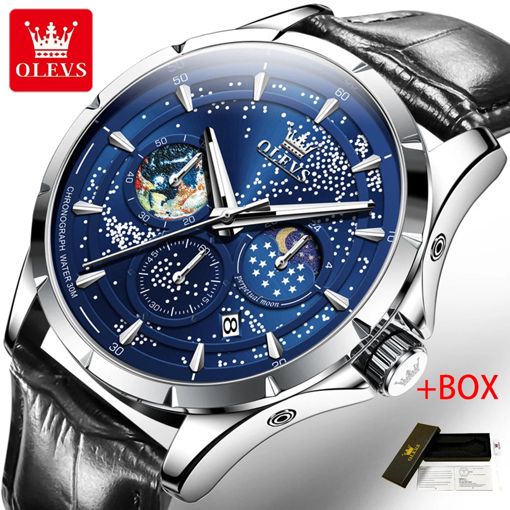 OLEVS Fashion Starry Sky Green Dial Quartz Watch for Men Multifunction Moon Phase Luminous Chronograph Watches Relogio Masculino