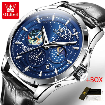 OLEVS Fashion Starry Sky Green Dial Quartz Watch for Men Multifunction Moon Phase Luminous Chronograph Watches Relogio Masculino
