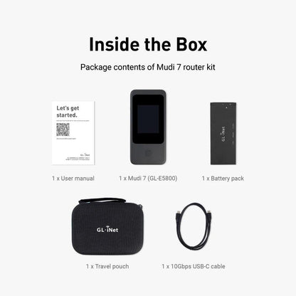 GL.iNet MUDI 7 GL-E5800 Wi-Fi 7 5G NR Travel Router Portable Mobile Hotspot Tri-Band with eSIM & Dual SIM Slot, 2.8" Touchscreen, Up to 5.76 Gbps, 2.5G Ethernet, 700Mbps VPN Secure, 13.5h Battery, for 4K Livestream