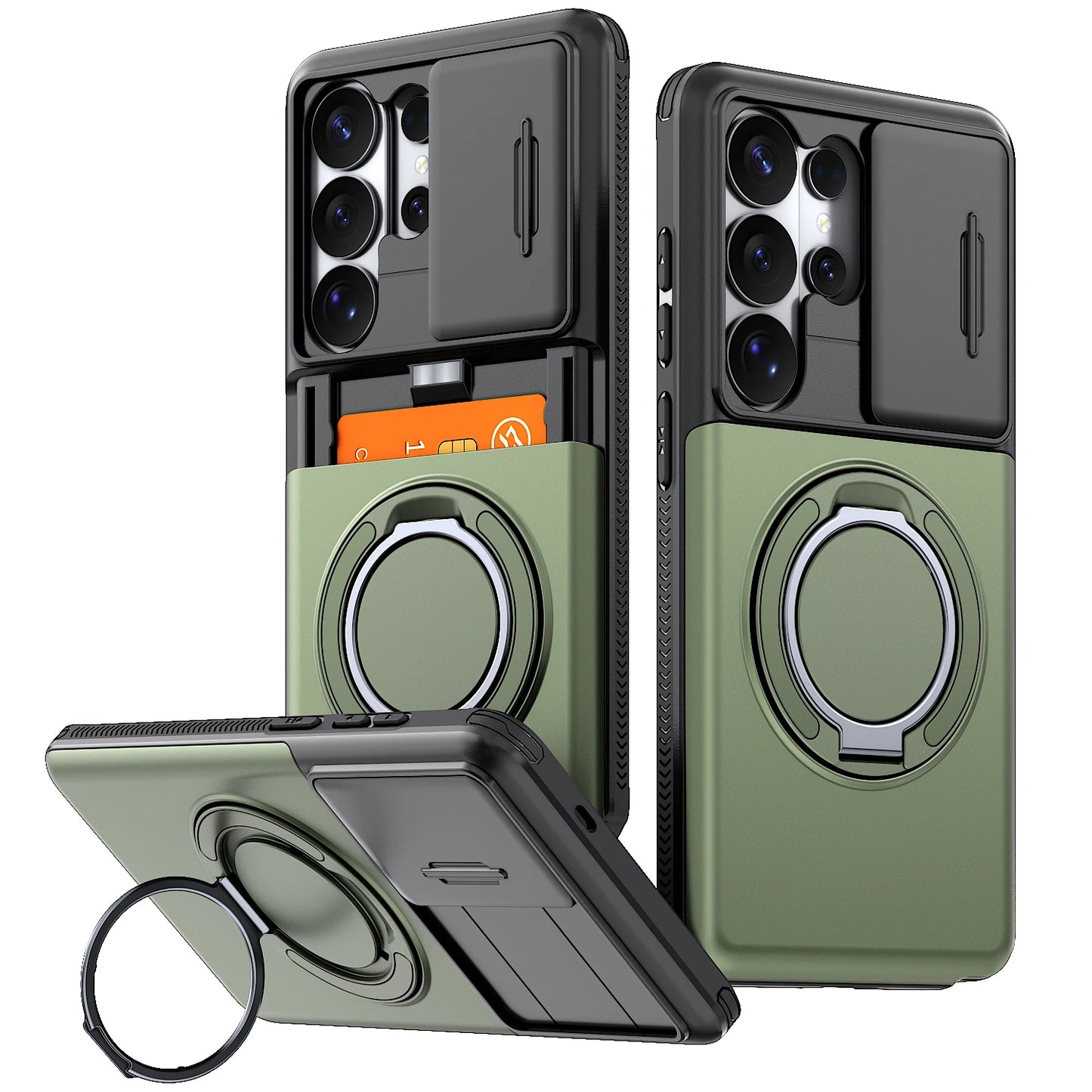 Armor Case For Samsung Galaxy S26 S25 S24 S23 S22 Ultra Plus S25FE S24FE Slide Camera Protect Ring Holder With Card Cover Funda