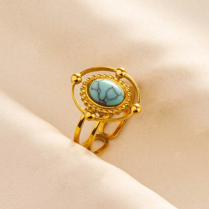 Turquoise Finger Jewelry Long Oval Sun Heart Water Drop Stainless Steel Rings For Women Men Accessories Gold Plated Open Anillos