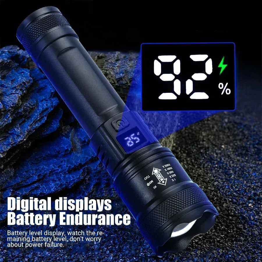 High Strong Power Led Flashlights 2000LM Tactical Torch with Display Light USB Charging Camping Fishing Emergency Zoom Lantern - Urbizia