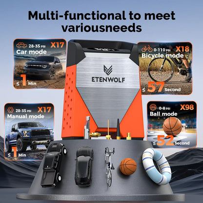 ETENWOLF ZEPHYR S3 Portable Tire Inflator 100% Duty Cycle 160 PSI Car Air Compressor 7800mAh For Cars Motorcycles Balls (New)