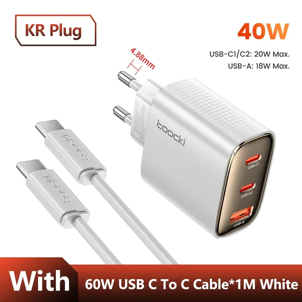 Toocki 40W GaN USB Charger Type C QC 4.0 Quick Charge Dual Type C Fast Phone Charger For iPhone 15 14 13 12 Pro Max Samsung S23