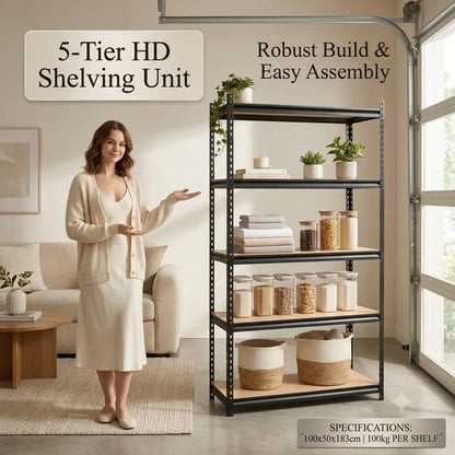 5-Tier Garage Shelving Heavy Duty Adjustable Metal Storage Rack with MDF Shelves, Utility Rack Shelf for Warehouse Pantry Closet Basement, 39.4" W x 19.7" D x 72" H, Black