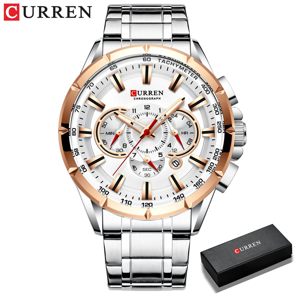 CURREN 8363 Casual Sport Chronograph Men's Watches Stainless Steel Band Wristwatch Big Dial Quartz Clock with Luminous Pointers