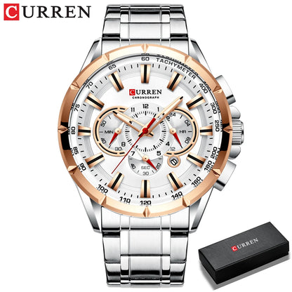 CURREN 8363 Casual Sport Chronograph Men's Watches Stainless Steel Band Wristwatch Big Dial Quartz Clock with Luminous Pointers