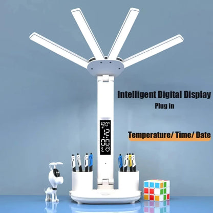 3 Color LED Table Lamp with Fan And Clock Four Headed Folding USB Charging Multifunction Desk Lamp for Reading Night Light - Urbizia