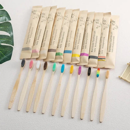 Single Cowhide Wrapped Bamboo Toothbrush Set – 10 PCS Eco-Friendly