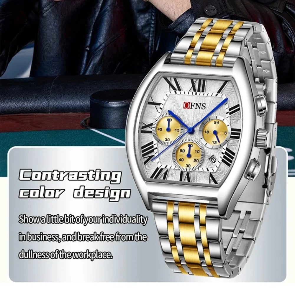 OFNS 1644 Fashion Men Quartz Wristwatch design six-pin Multifunction Chronograph Calendar Waterproof Steel Strap Sports Watches