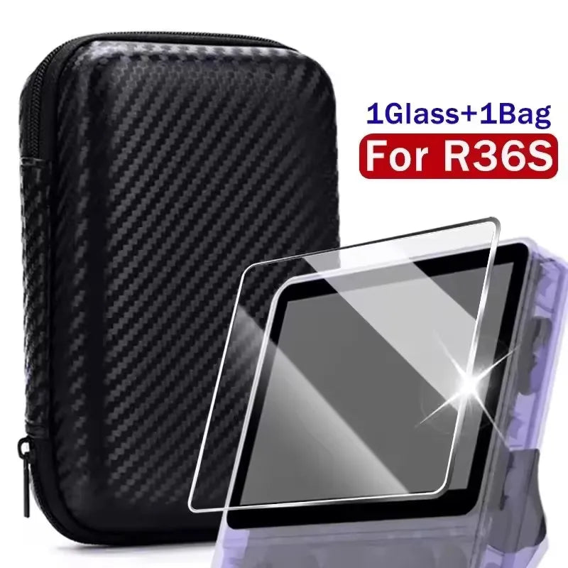 3 IN 1 Carrying Storage Case with Tempered Glass Screen Protectors for R36S Game Console Protectors Kit Anti-Scratch Bag & Films