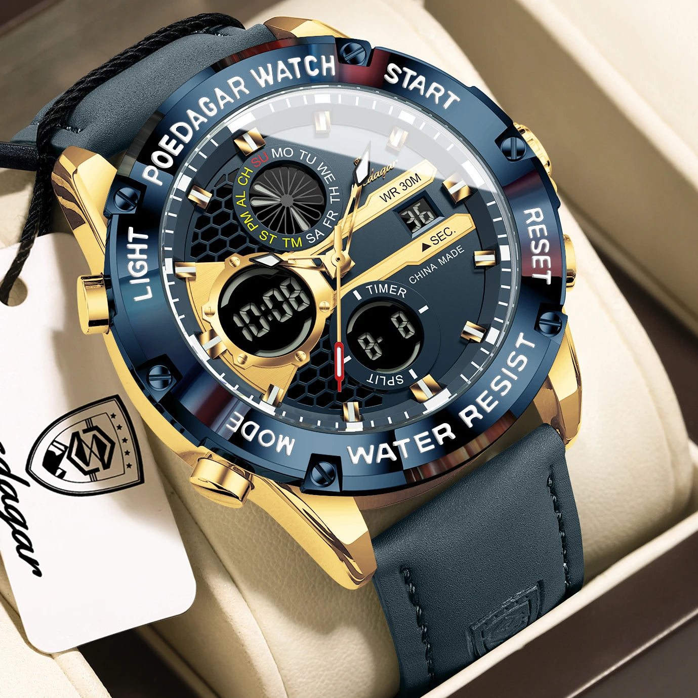 POEDAGAR Top Fashion Man Clock Waterproof Electronic LED Luxury Men's Watches Dual Time Display Digital Leather Men Quartz Watch