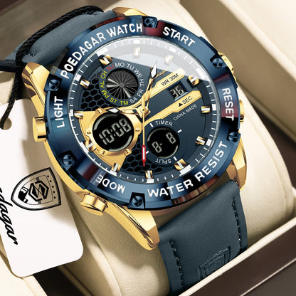 POEDAGAR Top Fashion Man Clock Waterproof Electronic LED Luxury Men's Watches Dual Time Display Digital Leather Men Quartz Watch