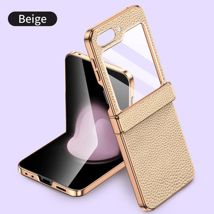 Cowhide Leather Phone Case for Samsung Galaxy Z Flip7 Flip6 Flip 7 FE 6 5 Luxury Hinge Protection Cover with Tempered Glass
