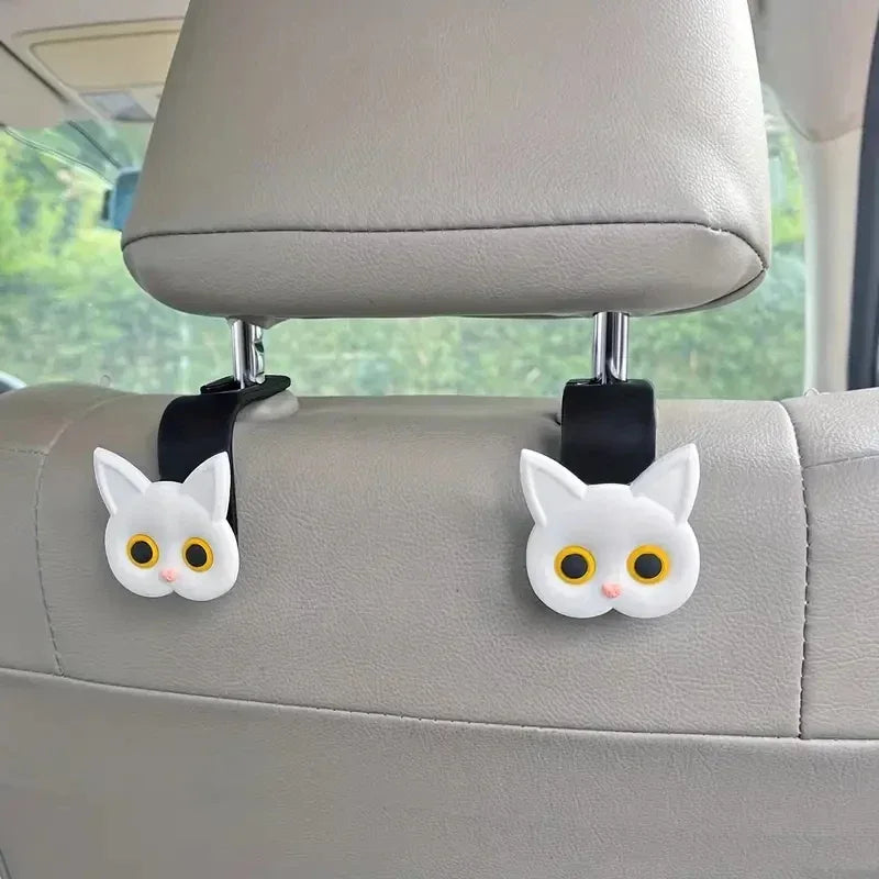 2pcs Adorable 3D Cartoon Cat Car Seat Headrest Hooks - Universal Vehicle Storage Organizer for Handbags, Purses, Coats - Cute Ca - Urbizia