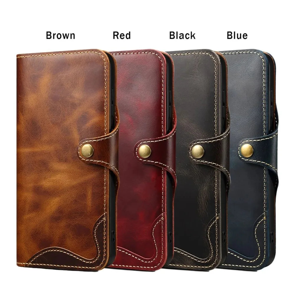 Retro Genuine Leather Case for Samsung Galaxy S26 Ultra S26+ S20 S10 Note 10 Plus Business Purse Cover with Lanyard Card Pocket