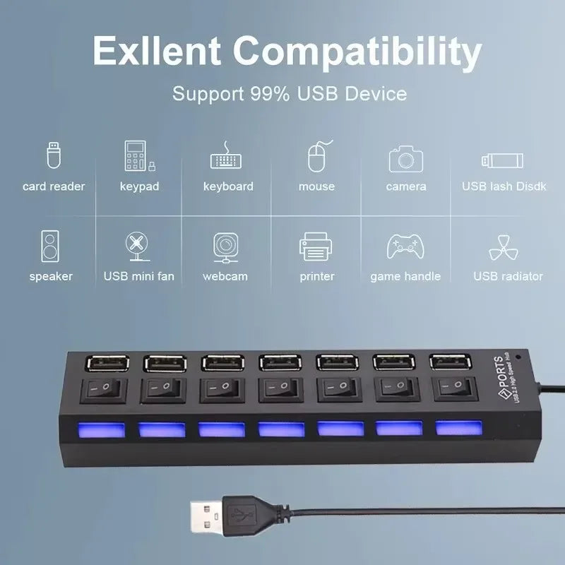 7-Port USB 2.0 Hub with Individual Switches & LED Light
