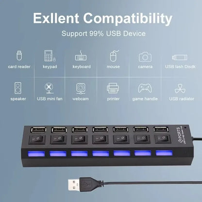 7-Port USB 2.0 Hub with Individual Switches & LED Light