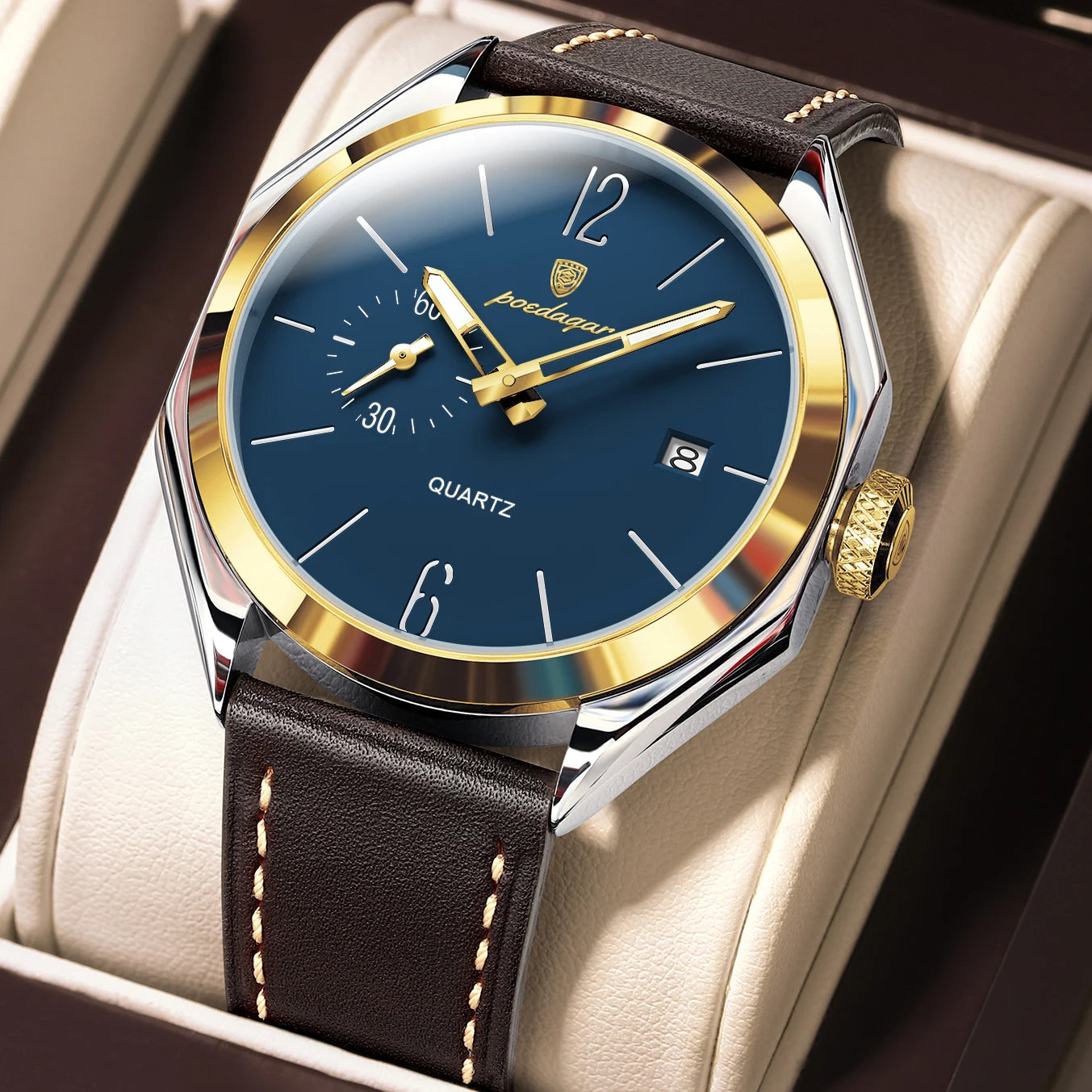 POEDAGAR Original Fashion Male Wristwatch Leather Quartz Business Men Watch Waterproof Luminous Date Elegant Men's Watches Reloj