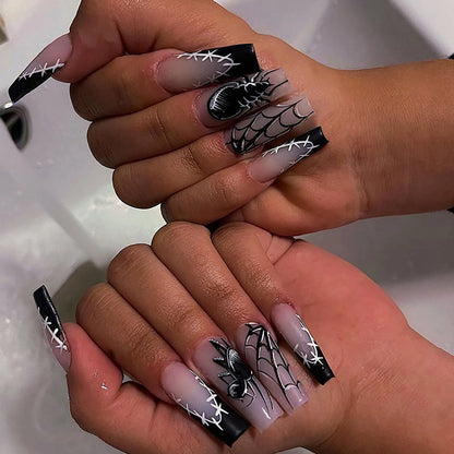 24Pcs Halloween Spider Fake Nails – Printed French Coffin Ballet Press-on Nails