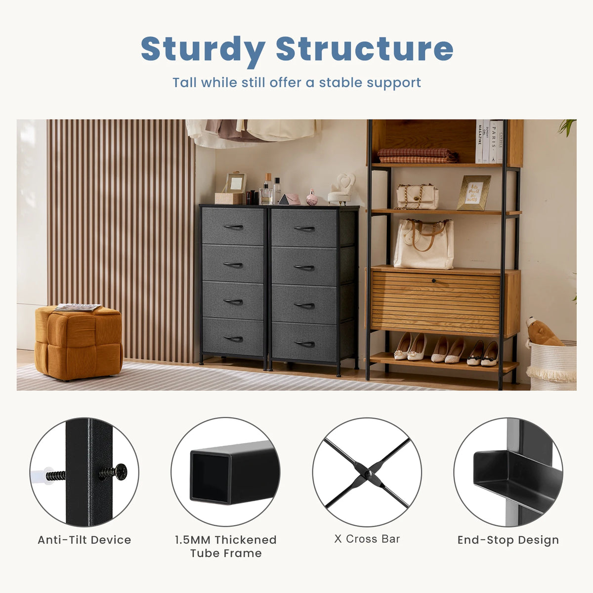 JHK Dresser For Bedroom With 4 Fabric Drawers Nightstand Wardrobe Steel Frame Closet For Clothes Storage Cabinet Of Furniture