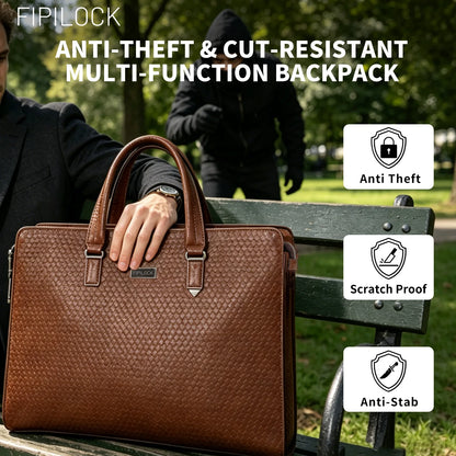 FIPILOCK Laptop Bag Leather Briefcases Hard For Men Luxury Handbags with Smart Fingerprint UnlocOffice Bussiness Computer Bag
