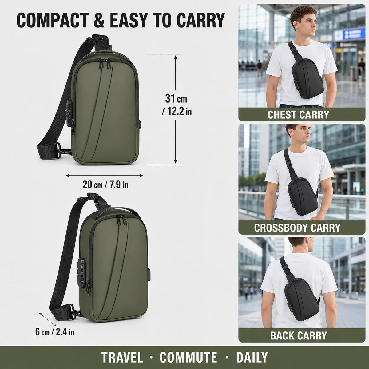 Men Anti Theft Sling Backpack with Combination Lock USB Port, Water Resistant Crossbody Chest Bag for Travel and Commuting