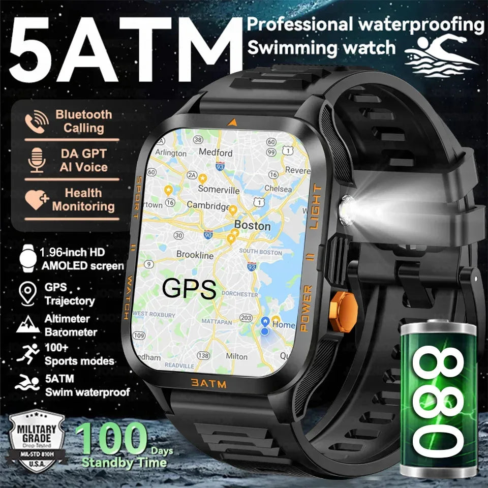 Outdoor Smartwatch Men GPS Sports 800mAh Battery Bluetooth Call Health 1.96-inch Screen Flashlight 3ATM Waterproof Smart Watch - Urbizia