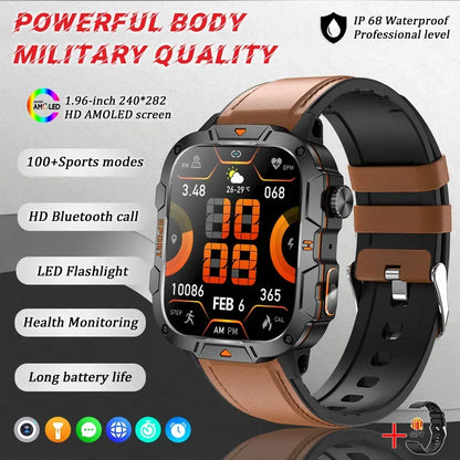 2025 New Military Grade Smart Watch Men 1.96" AMOLED Screen 5ATM Waterproof Simming Sports Fitness Tracker BT Call Smartwatches - Urbizia
