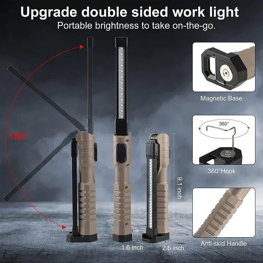 Folding COB XPE LED Work Light USB Rechargeable Portable Flashlight Magnetic Base Hook Car Repair Emergency Inspection Red SOS - Urbizia