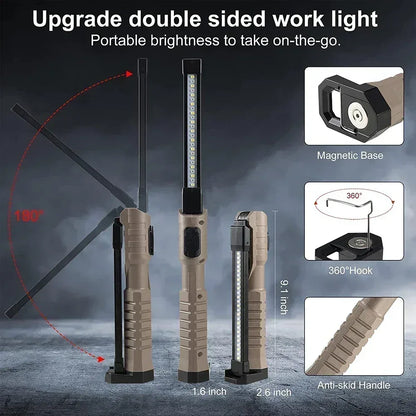 Folding COB XPE LED Work Light USB Rechargeable Portable Flashlight Magnetic Base Hook Car Repair Emergency Inspection Red SOS - Urbizia