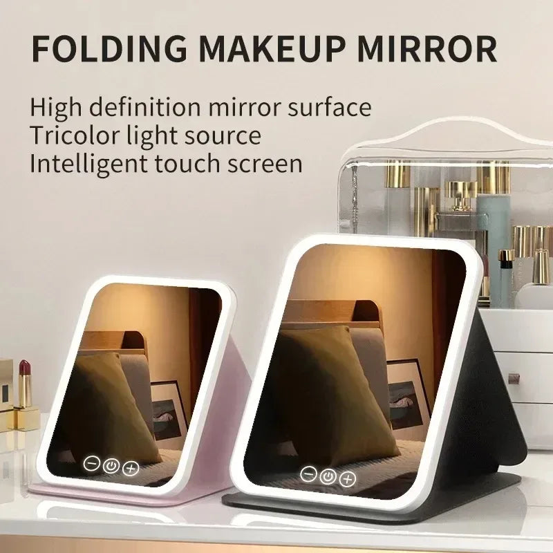 USB Rechargeable 3 Colors LED Makeup Mirror Pocket Mirror Touch Dimmable 3 Brightness Foldable for Travel Office Home - Urbizia