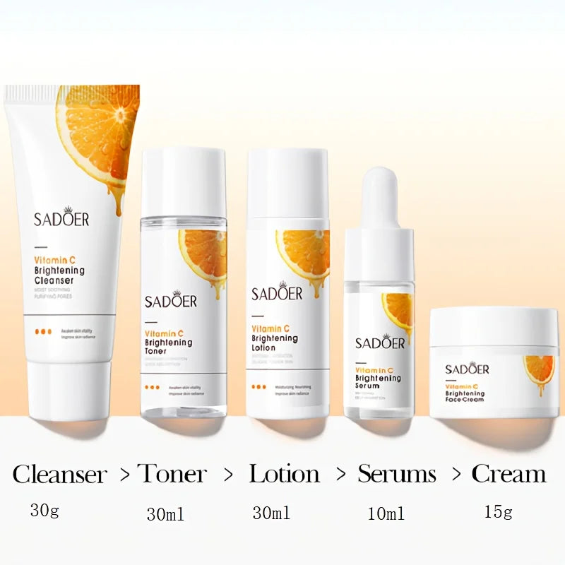 Mini Travel Size 5Pcs Vitamin C Skincare Set Brightening Hydrating Facial Care Kit : Cleanser Toner Serum Lotion Face Cream